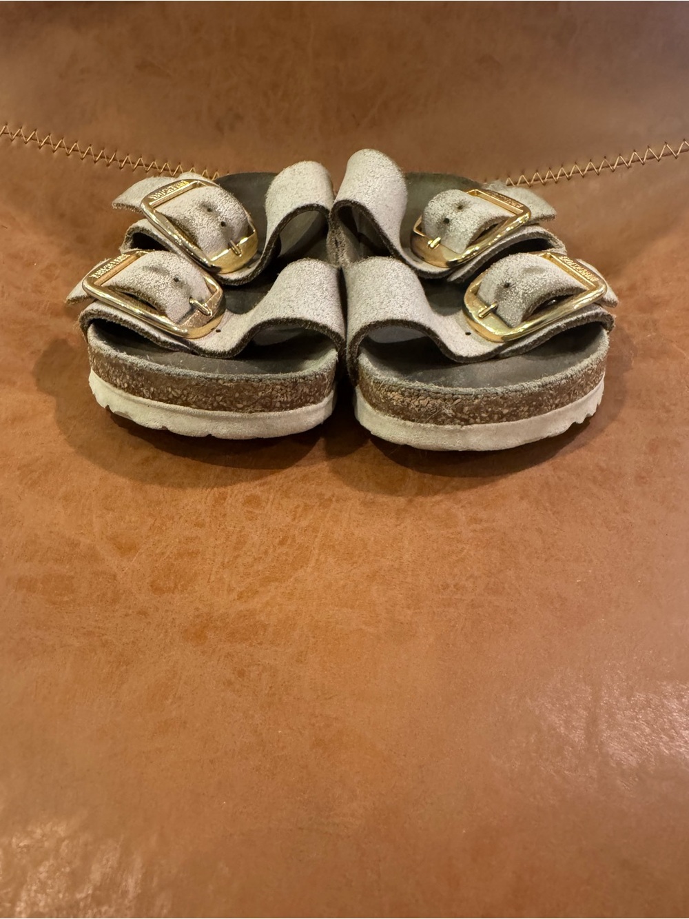 Birkenstock Arizona Sandals in Light Beige with Gold Buckles - Picture 4 of 7